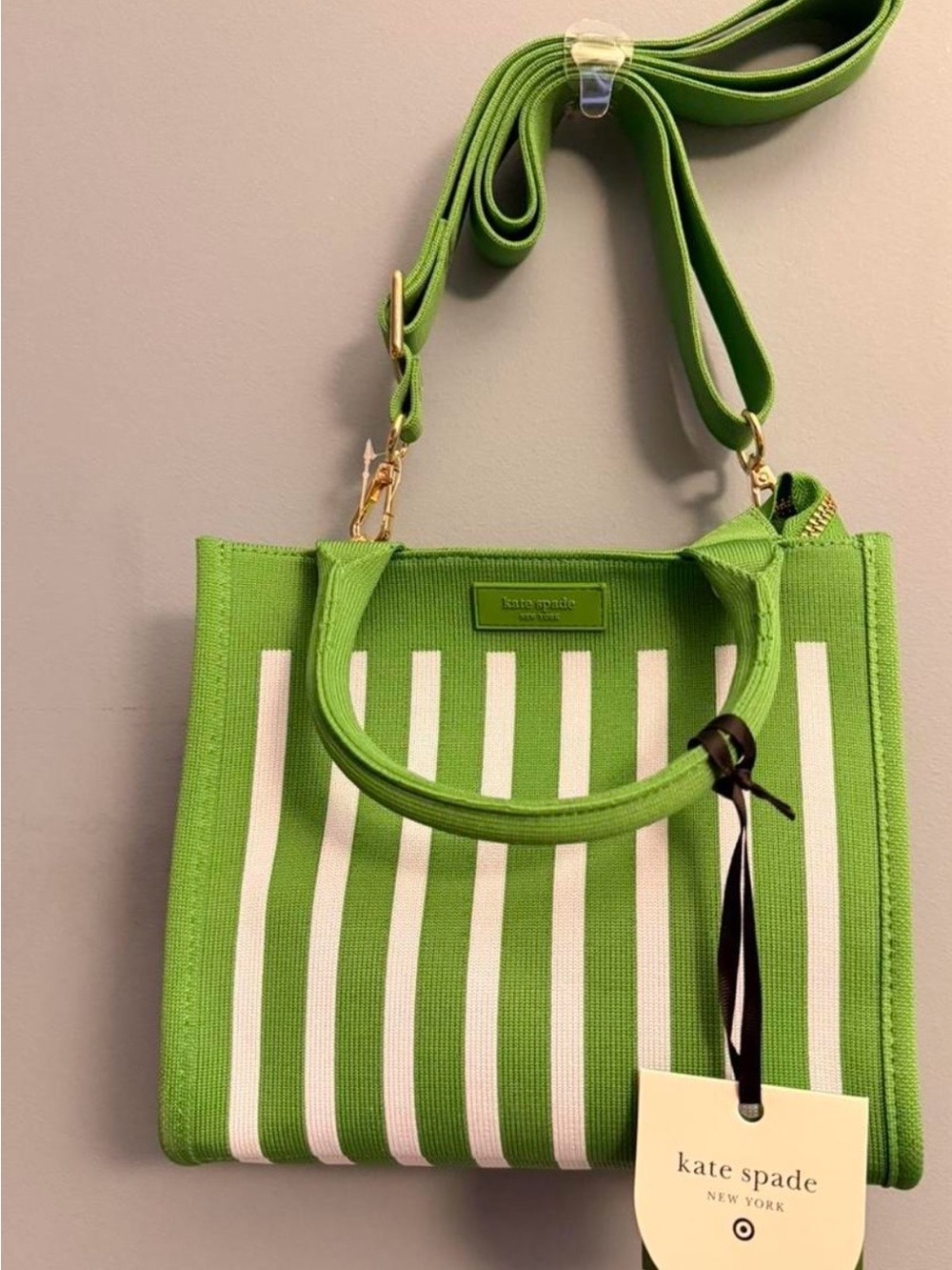 kate spade Green and White Striped Canvas Crossbody Tote